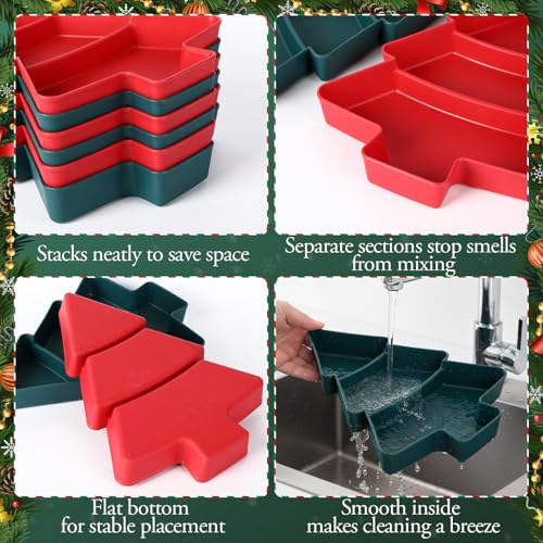 6 Pcs Christmas Tree Shape Serving Tray Platter Red and Green Plastic 3 Grids Dishes with Bag and Ribbon K975416