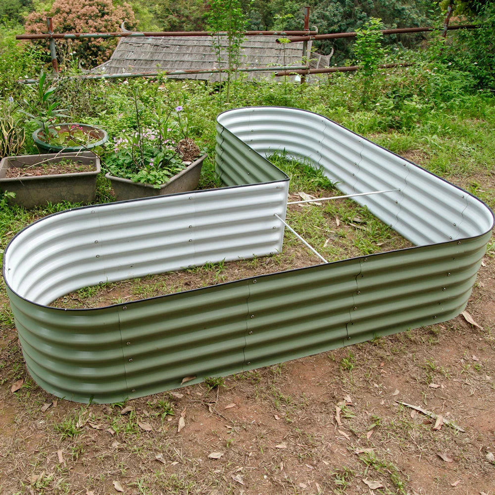 17" Tall L-Shaped Modular Corrugated Metal Raised Garden Beds Green Y791