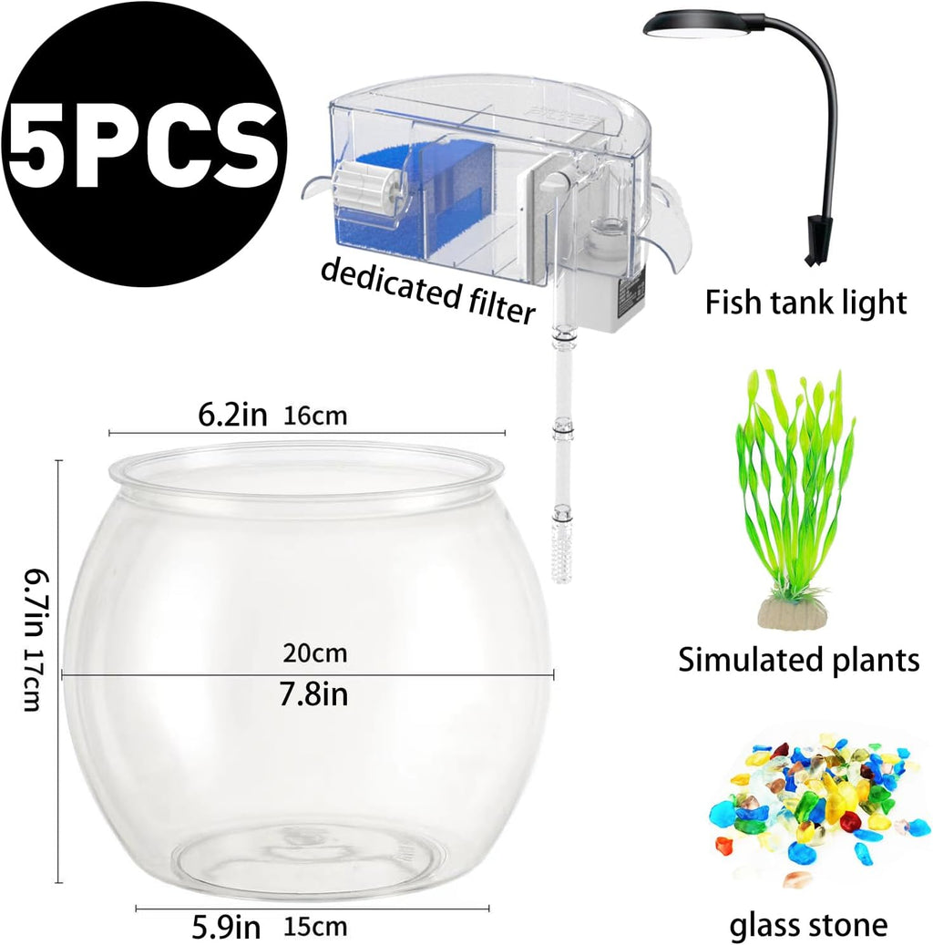 1 Gallon Clear Plastic Round Fish Tank with Filter and Light P992