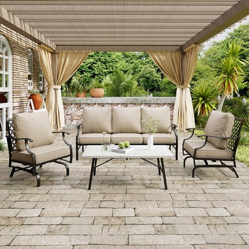 Navy Blue 4 Pcs Metal Outdoor Patio Furniture Set with 3-Seat Sofa, 2 Swivel Chairs, Coffee Table and Cushion N507