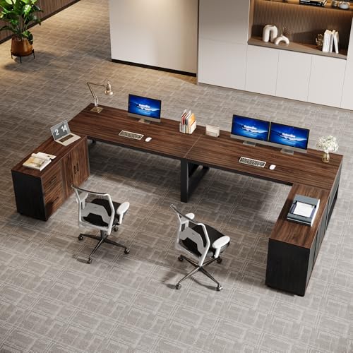 63-Inch L-Shaped Executive Desk with Mobile File Cabinet, Drawers and Storage Shelves, Dark Walnut & Black U47691