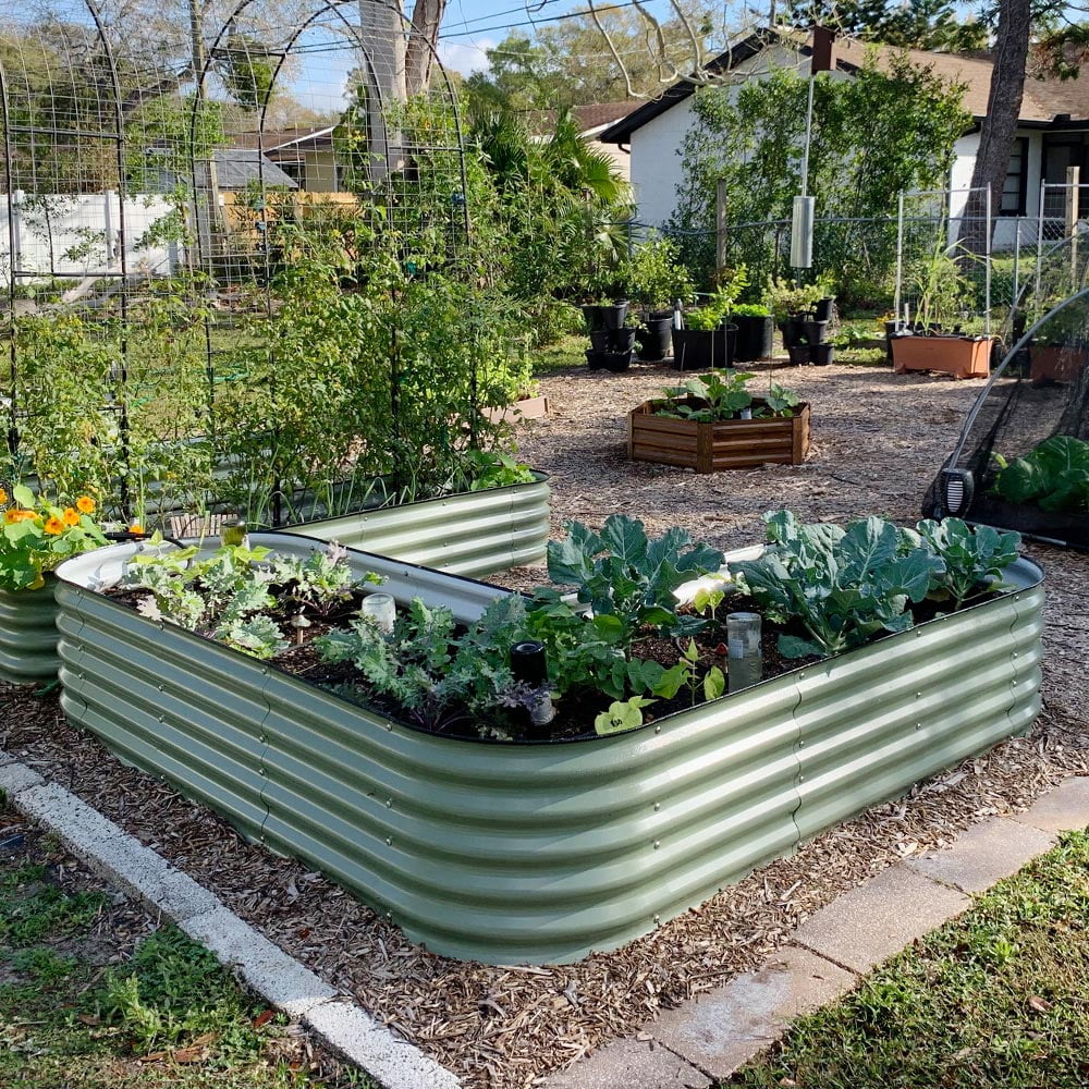 17" Tall L-Shaped Modular Corrugated Metal Raised Garden Beds Green Y791