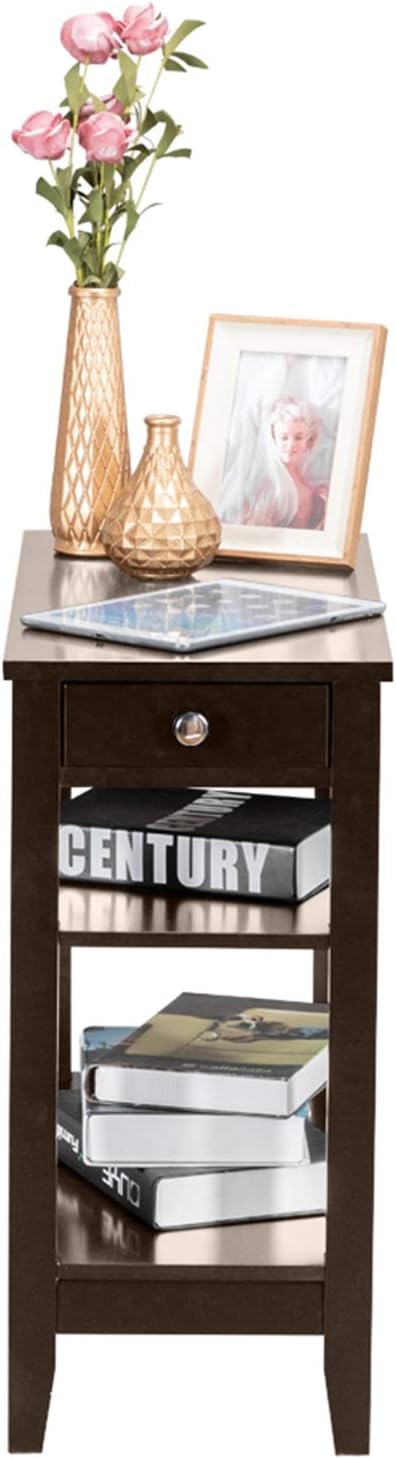 Brown End Table with Drawer, 2-Tier Open Storage Shelves, 11.2" L x 23.62" W x 24" H D5825