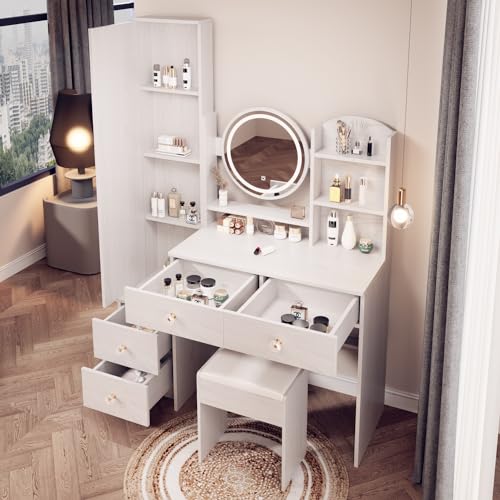 White Oak Makeup Vanity Set with Mirror and Stool L981
