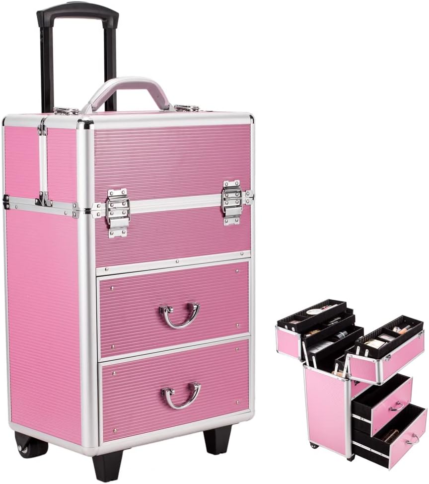 Rolling 4 Tiers Lockable Aluminum Makeup Travel Organizer Cosmetic Case Rose Pink H557