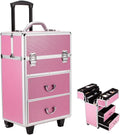 Rolling 4 Tiers Lockable Aluminum Makeup Travel Organizer Cosmetic Case Rose Pink H557
