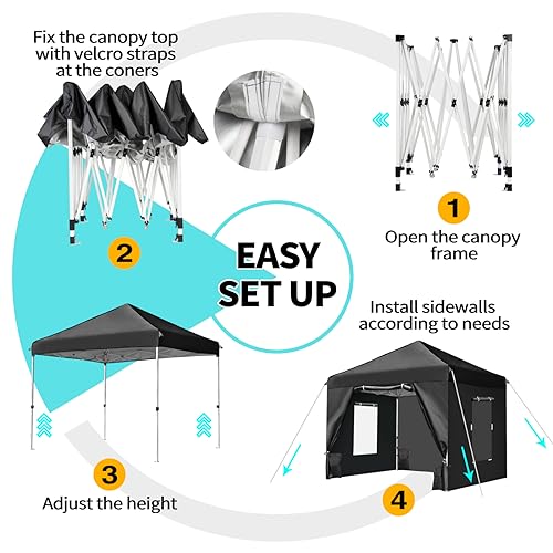 10x10 Pop Up Canopy Tent with 4 Removable Sidewalls and Windows, Black Y7644