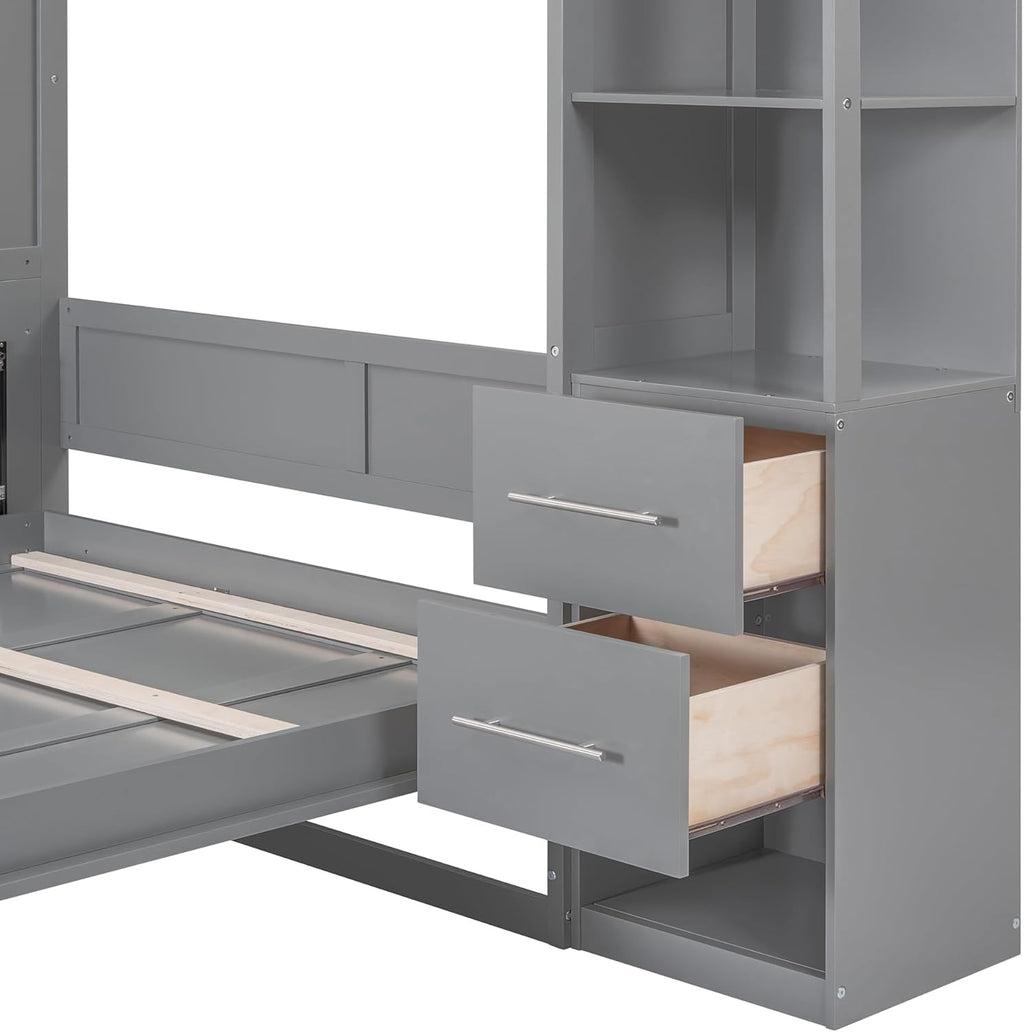 Queen Size Murphy Bed with Double Drawers and Open Storage Shelves, Grey A206