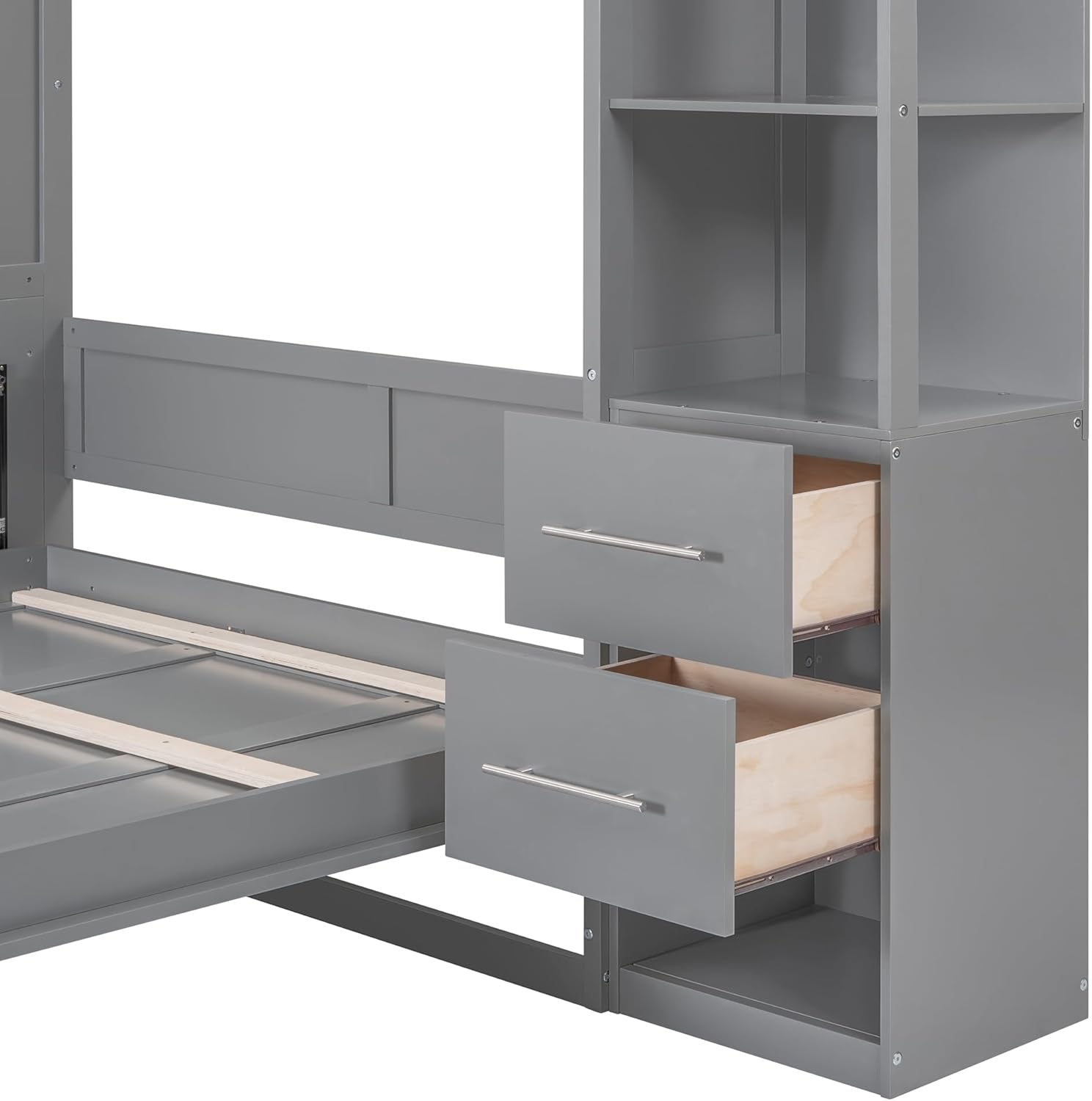 Queen Size Murphy Bed with Double Drawers and Open Storage Shelves, Grey A206