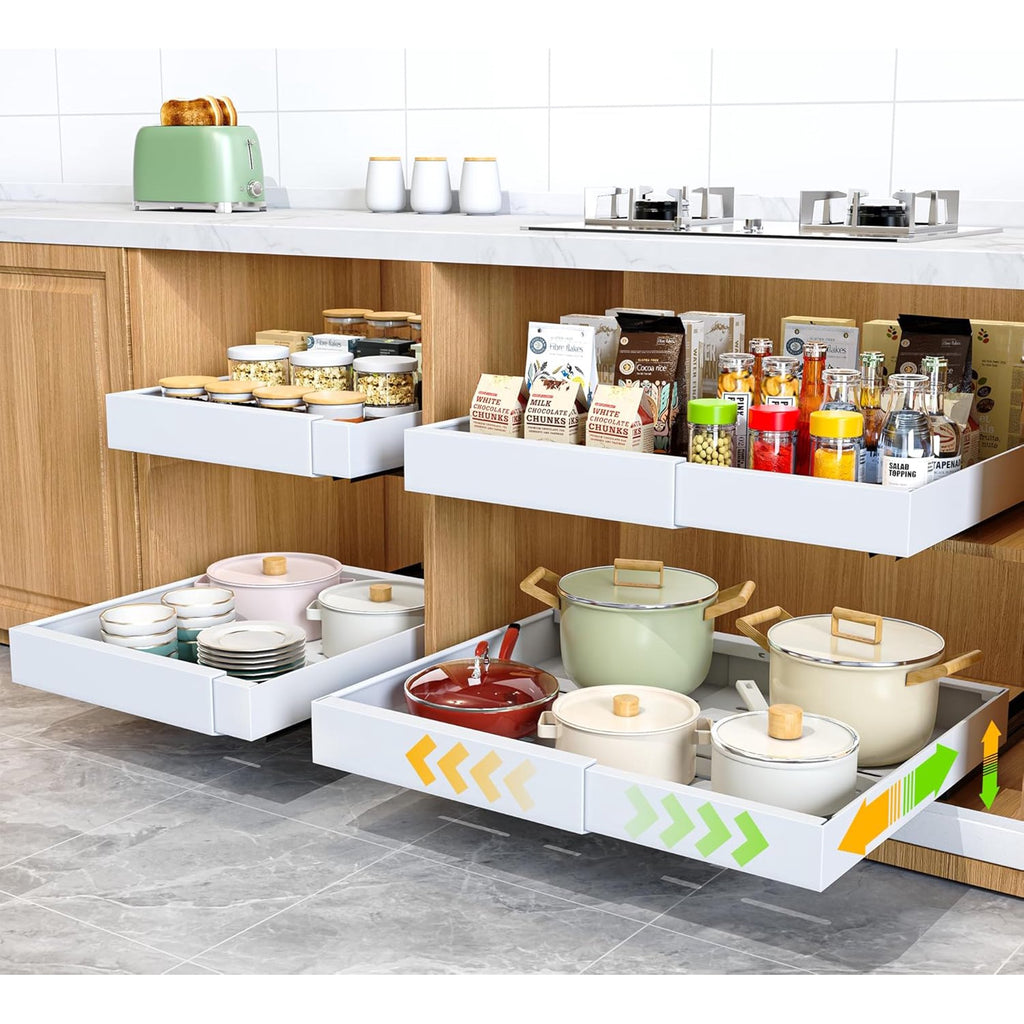 4 Pack Pull Out Cabinet Organizer, 21Deep Slide Out Drawer Organizers, White C4284