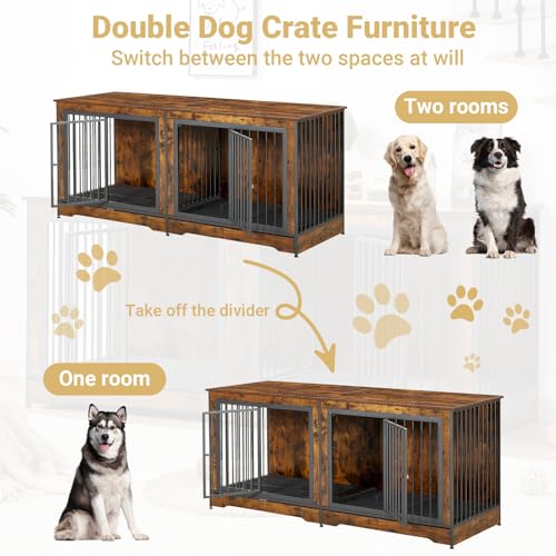 86" Stackable Dog Kennel Furniture with Removable Divider & 3 Doors, Rustic Brown C823307