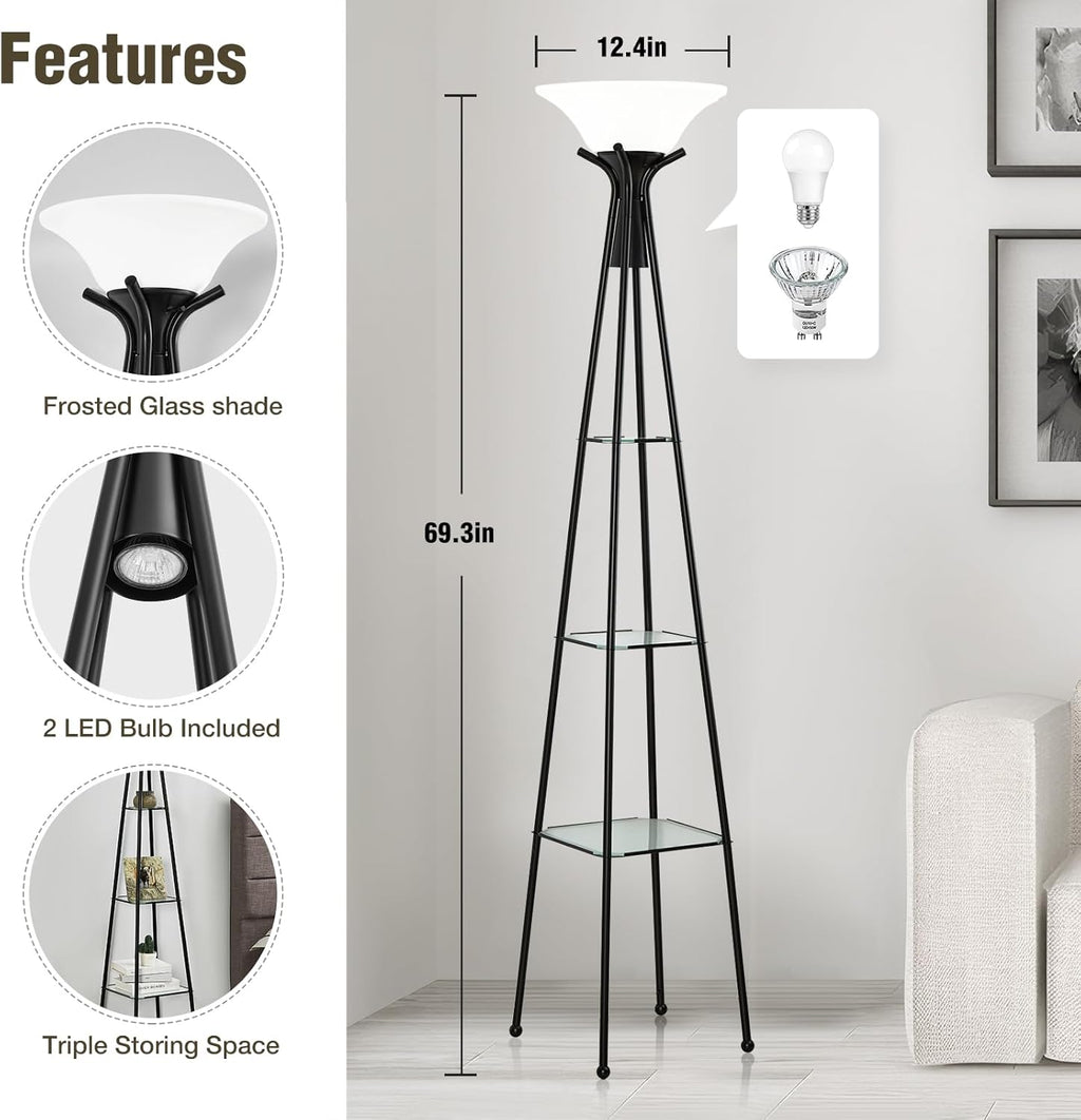 Black 69" Tall 3-Tier Glass Shelf Floor Lamp with 8W Bulb H595