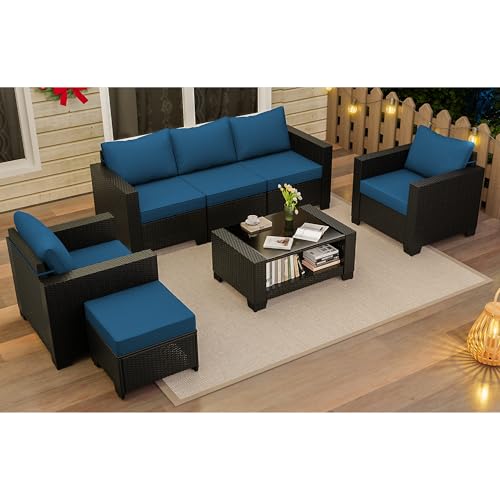 7 Pieces Patio Furniture Set with Cushions and Glass Coffee Table D4353