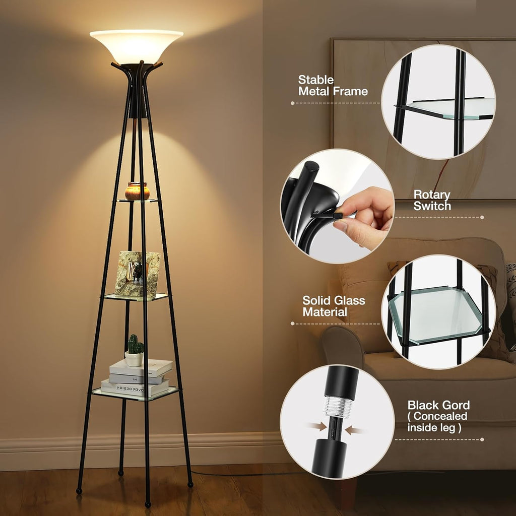 Black 69" Tall 3-Tier Glass Shelf Floor Lamp with 8W Bulb H595