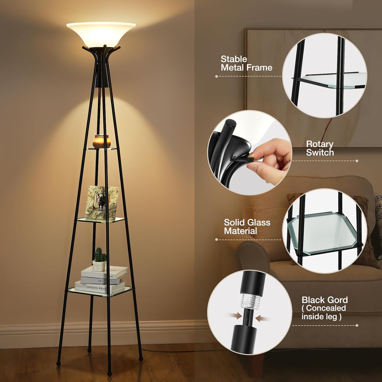 Black 69" Tall 3-Tier Glass Shelf Floor Lamp with 8W Bulb H595