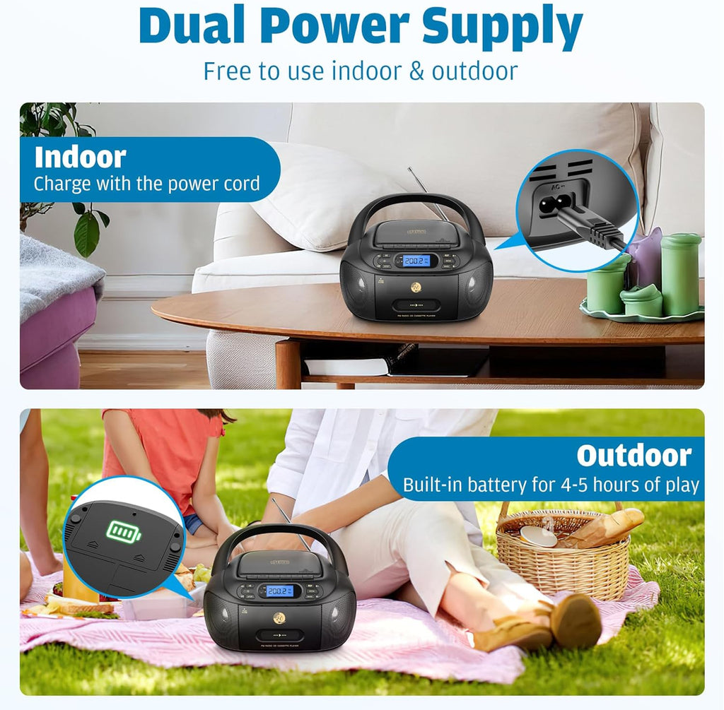 CD Cassette Player Combo Boombox with Bluetooth 5.1, FM Radio, Stereo Sound Q6593