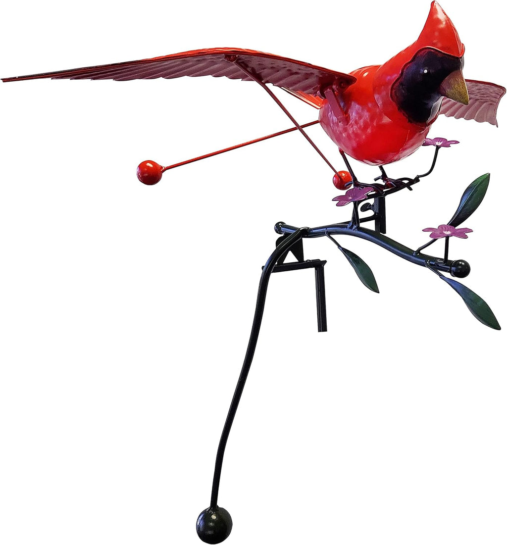Red Metal Cardinal Bird on Flower Branch Garden Stake Kinetic Wind Sculpture S733261