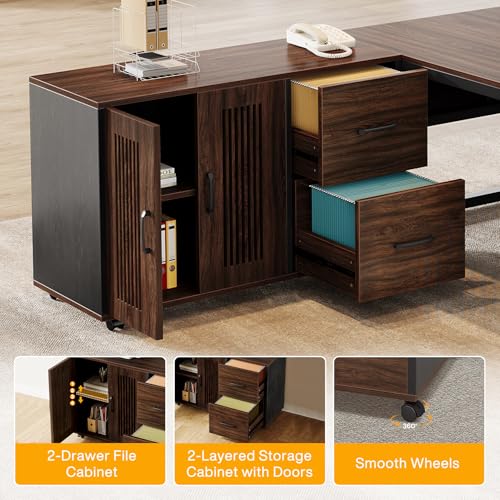 63-Inch L-Shaped Executive Desk with Mobile File Cabinet, Drawers and Storage Shelves, Dark Walnut & Black U47691