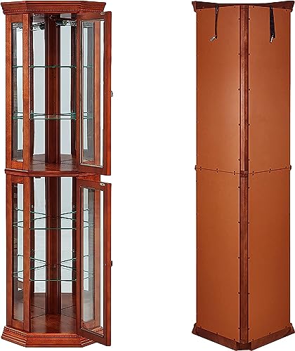 Walnut Wooden Corner Curio Cabinet with Adjustable Tempered Glass Shelves B64231