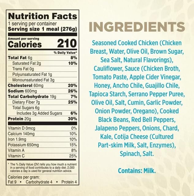 Spicy Black Beans Chicken & Riced Cauliflower Frozen Meal, 9.25 oz - Pack of 6 H99617