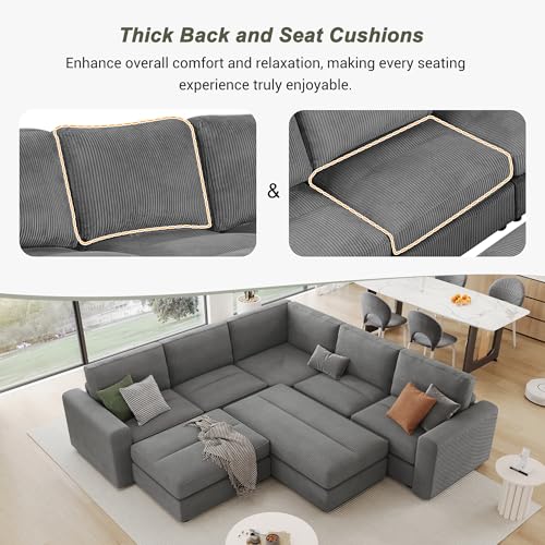 Gray Corduroy Modular Sofa with Two Ottomans J514554