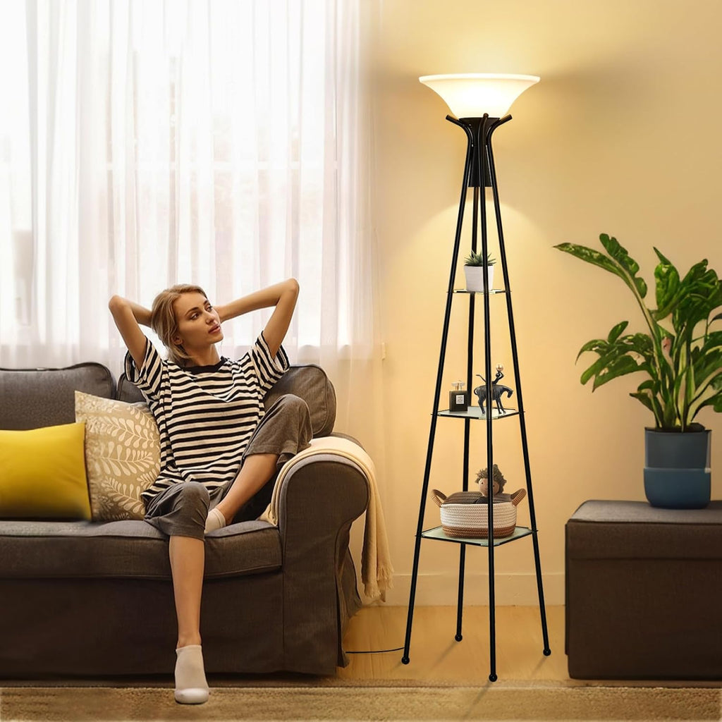 Black 69" Tall 3-Tier Glass Shelf Floor Lamp with 8W Bulb H595