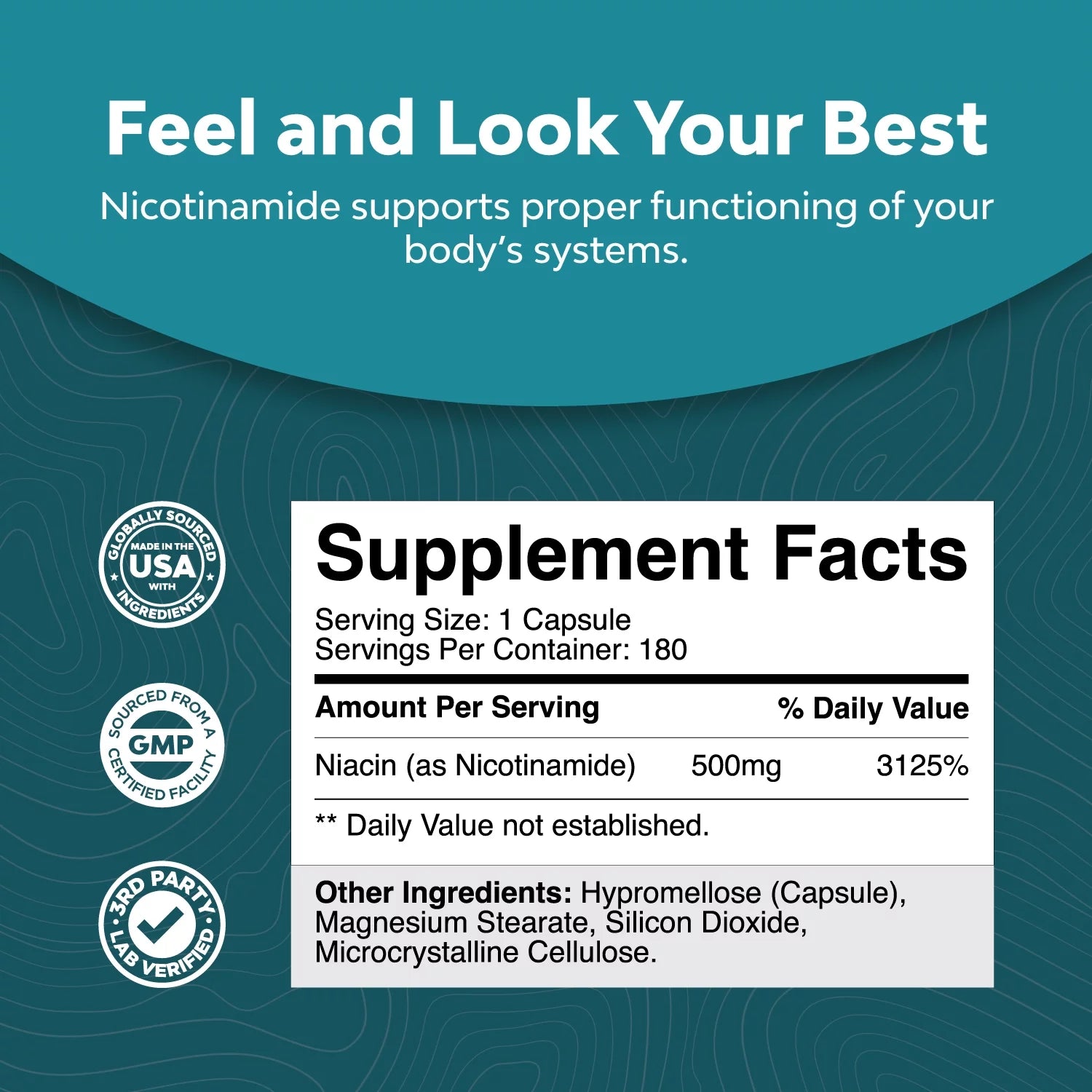 500mg Niacinamide Capsules - 180 Count X5919