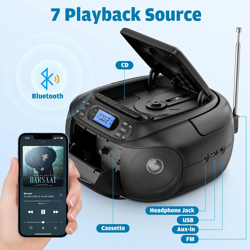 CD Cassette Player Combo Boombox with Bluetooth 5.1, FM Radio, Stereo Sound Q6593