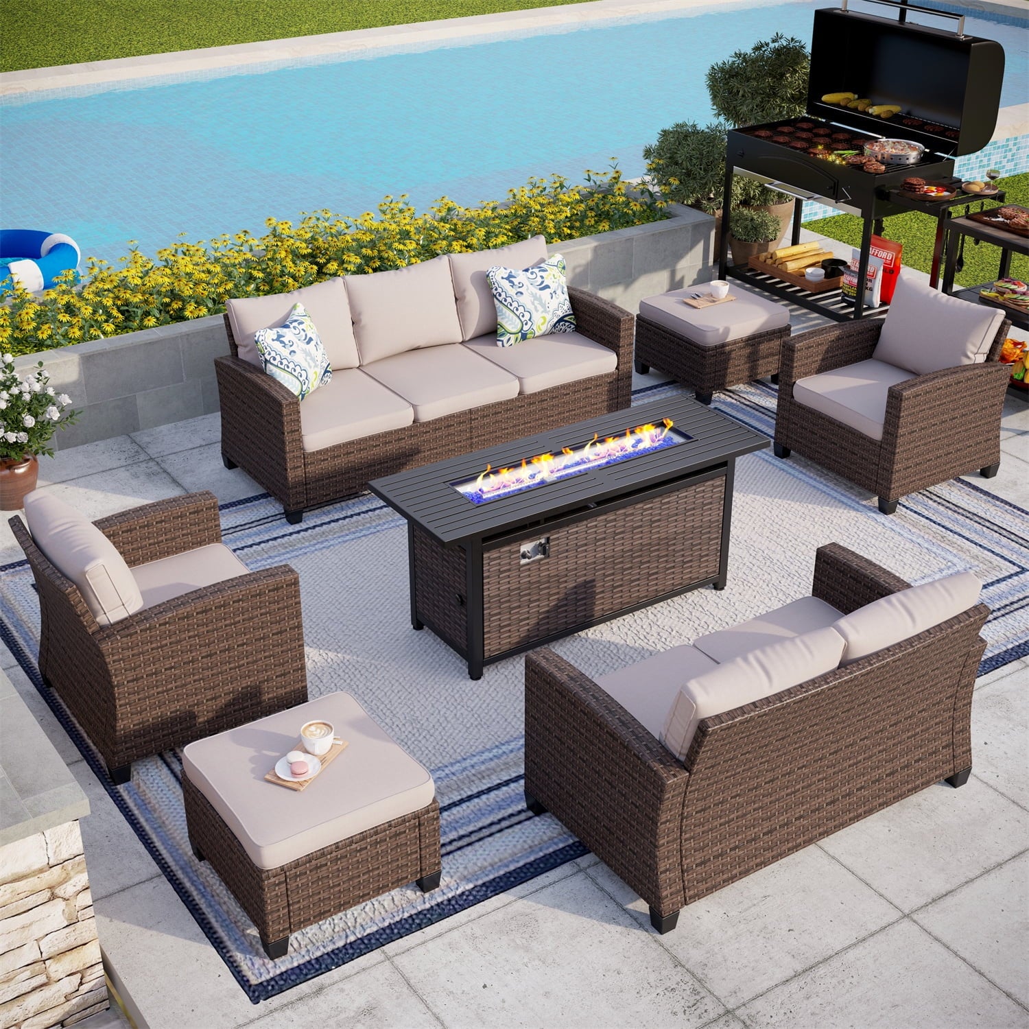 Beige 9-Seat Outdoor Patio Furniture Set with Fire Pit Table X4495
