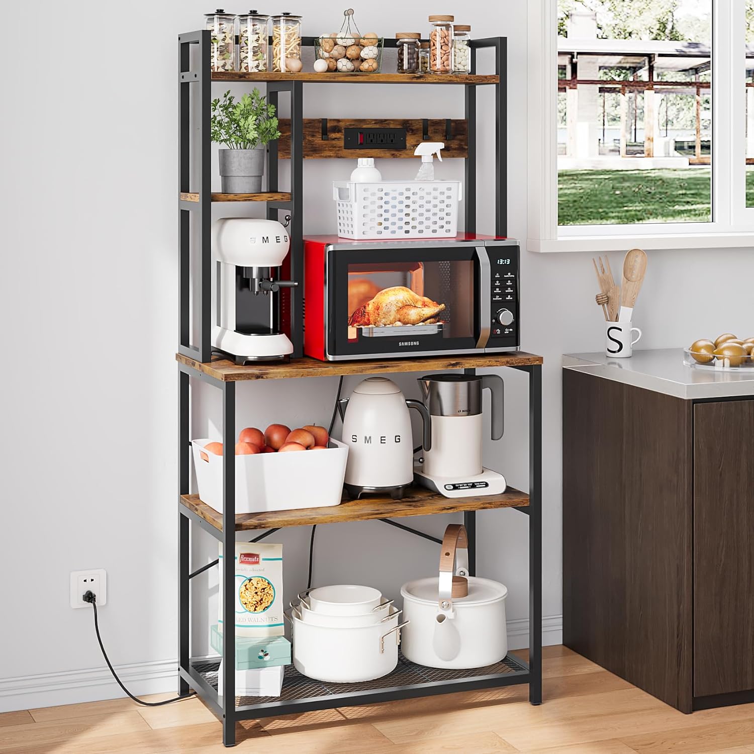 5-Tier Metal Bakers Rack with Power Outlet, Rustic Brown L389