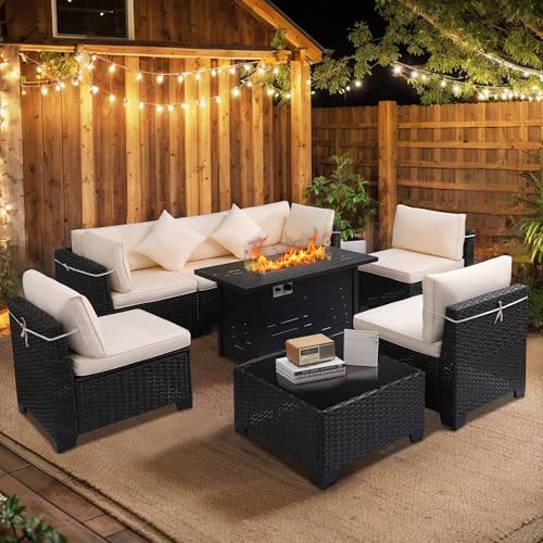 7 Pieces Patio Furniture Set with Cushions and Glass Coffee Table D4353