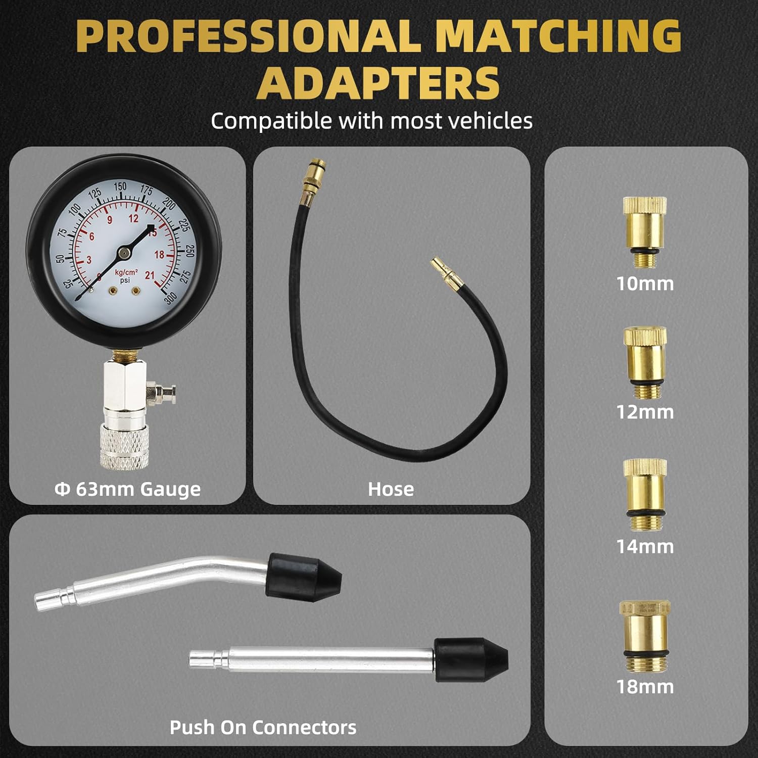 Engine Compression Tester, 0-300 PSI, 8pcs Compression Tester with Adapters A664