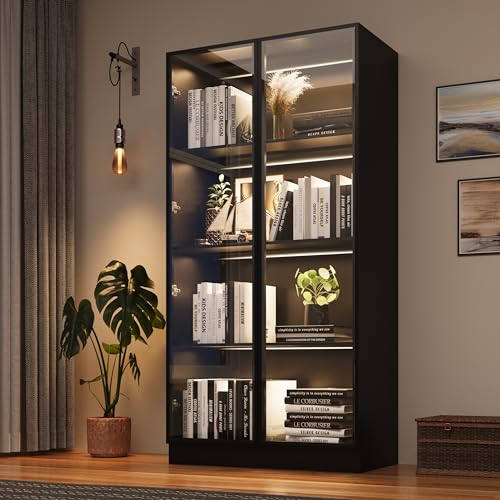 Black 3-Tier Display Cabinet with Glass Doors and Lights B667296