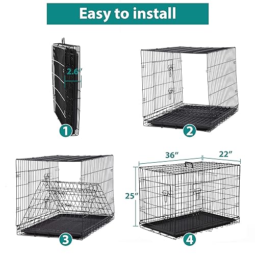 Black Double-Door Folding Metal Wire Dog Crate with Plastic Tray N638137