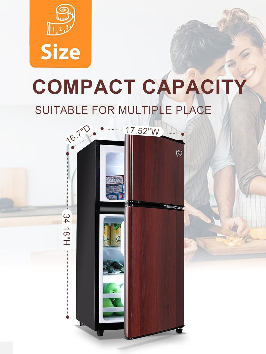 Mini Fridge With Freezer, Compact Refrigerator With 2 Doors, 3.5 Cu. Ft Wood J30060