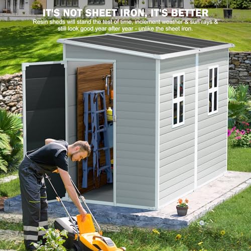 8x6 FT Resin Outdoor Storage Shed with Floor & Lockable Door & 2 Windows, Dove Grey Y58879