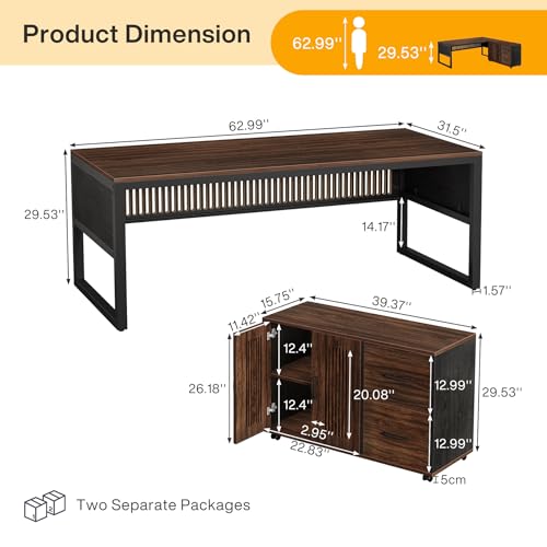 63-Inch L-Shaped Executive Desk with Mobile File Cabinet, Drawers and Storage Shelves, Dark Walnut & Black U47691