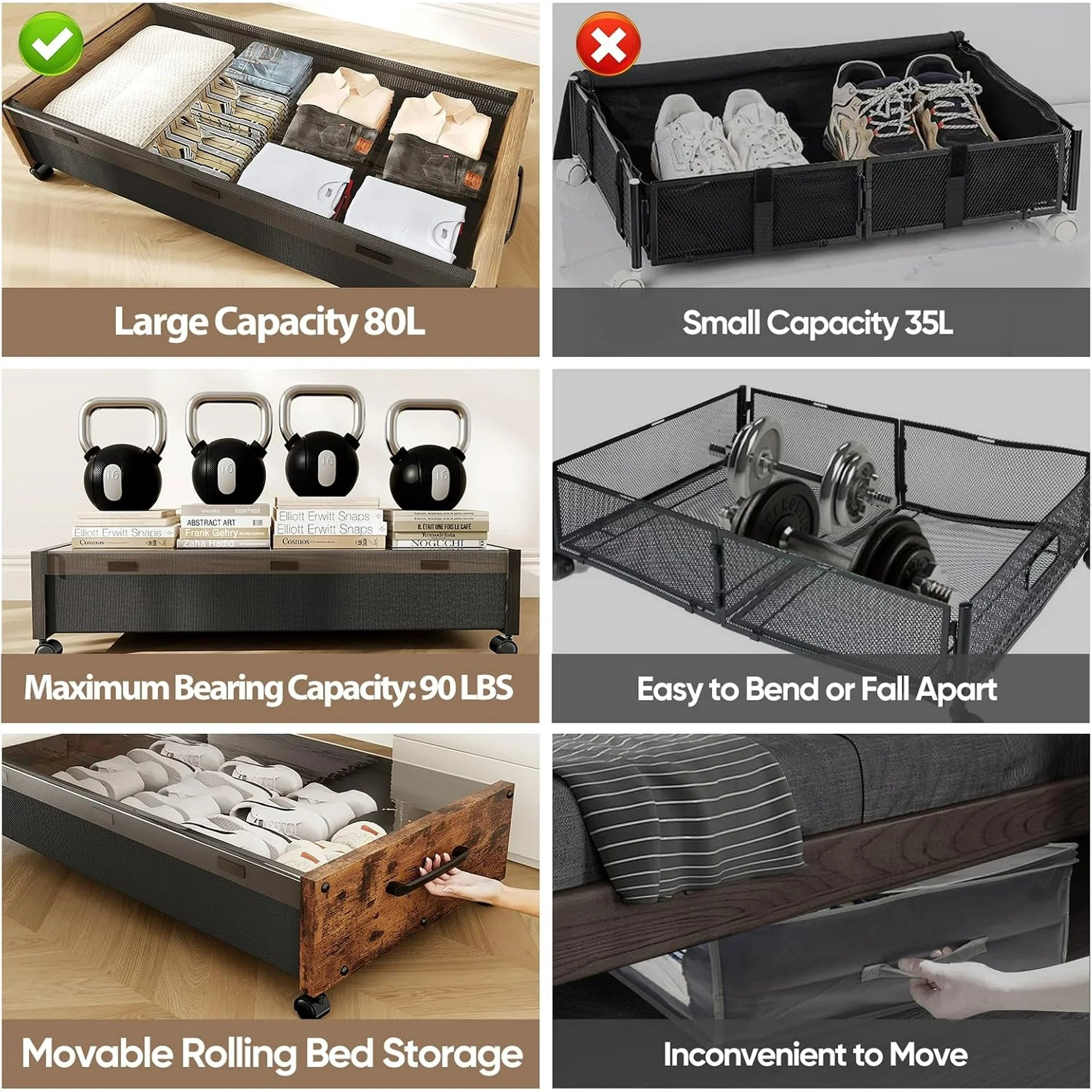 80L Extra-large Rolling Under Bed Storage Bins 2 Pack with Removable Lid B423