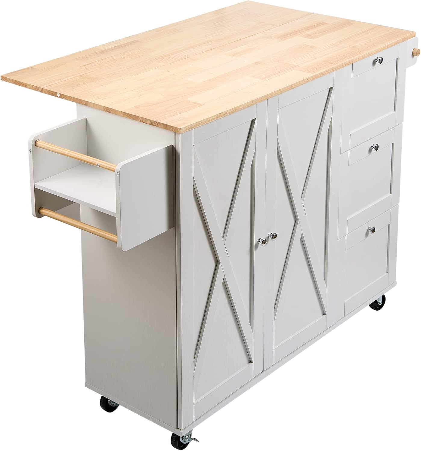 White Solid Wood Top Kitchen Island Cart with Storage Cabinet and Drop Leaf S871