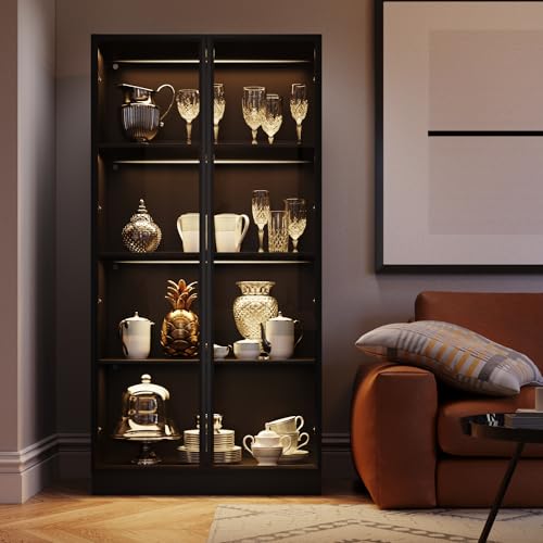 Black 3-Tier Display Cabinet with Glass Doors and Lights B667296