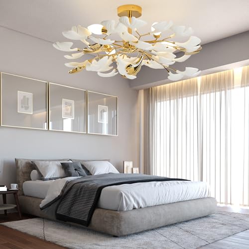Gold Ceramic Ginkgo Leaf Semi Flush Mount Ceiling Light Fixture, 24" C5740