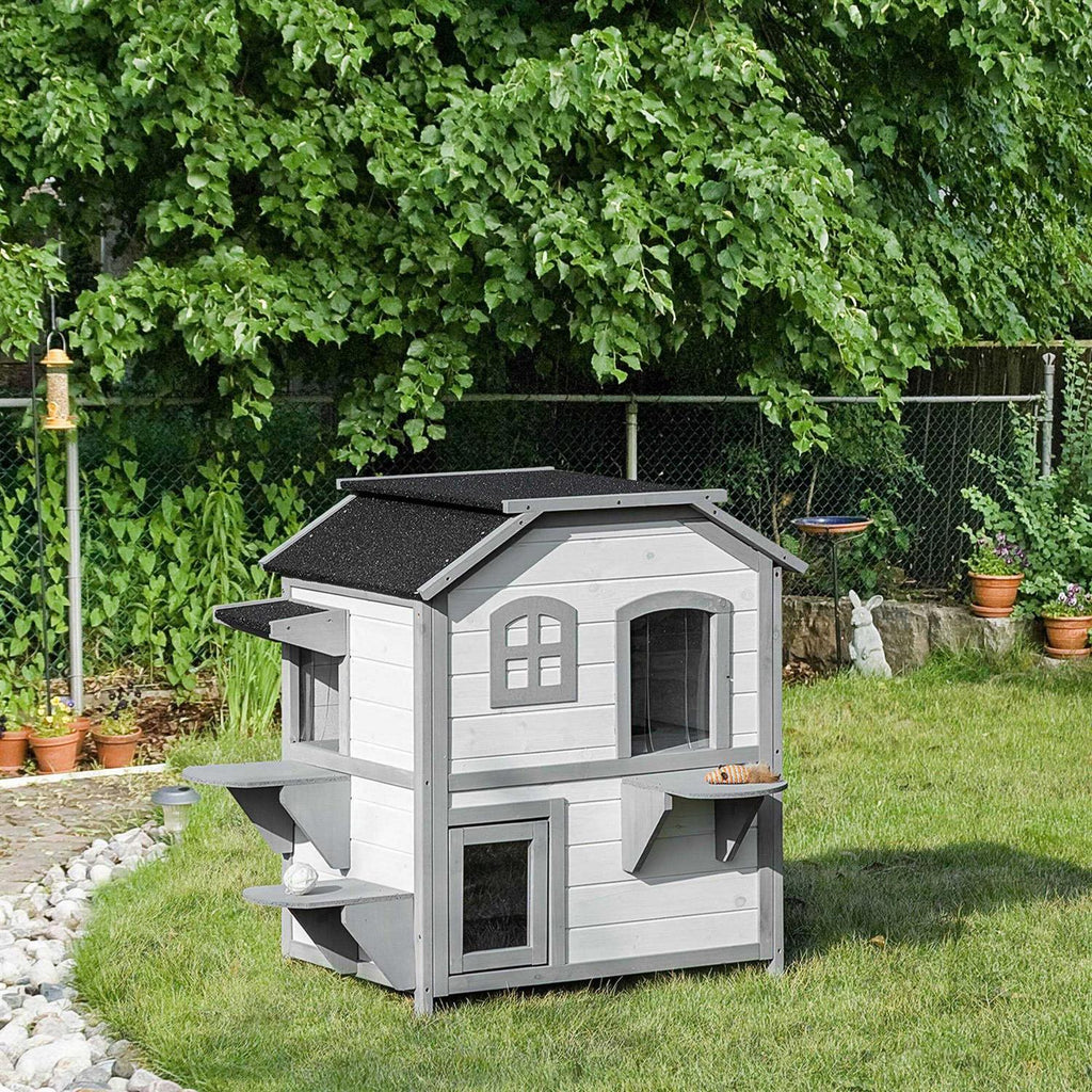 Wooden 2-Story Outdoor Cat House with Escape Door A8395