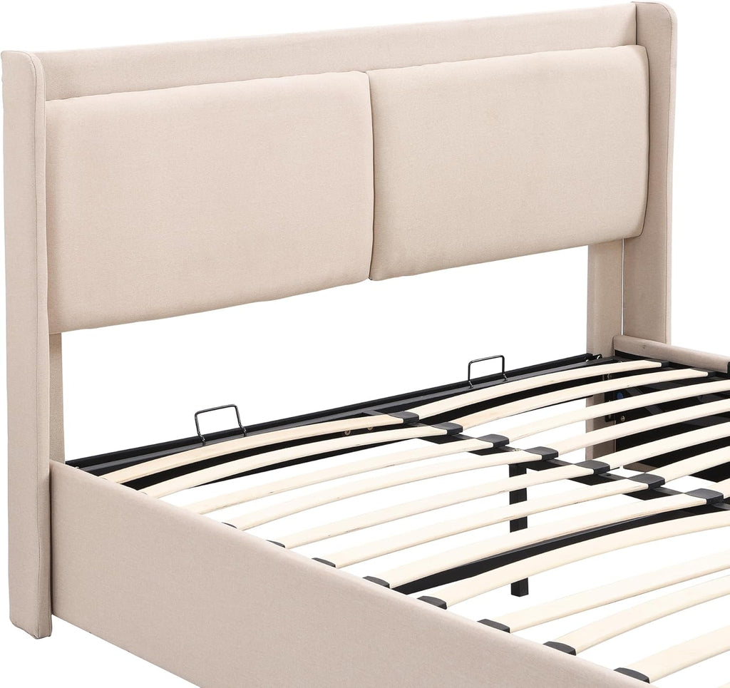 Beige Queen Size Platform Bed Frame with Lift Up Storage and 2 Drawers E7894