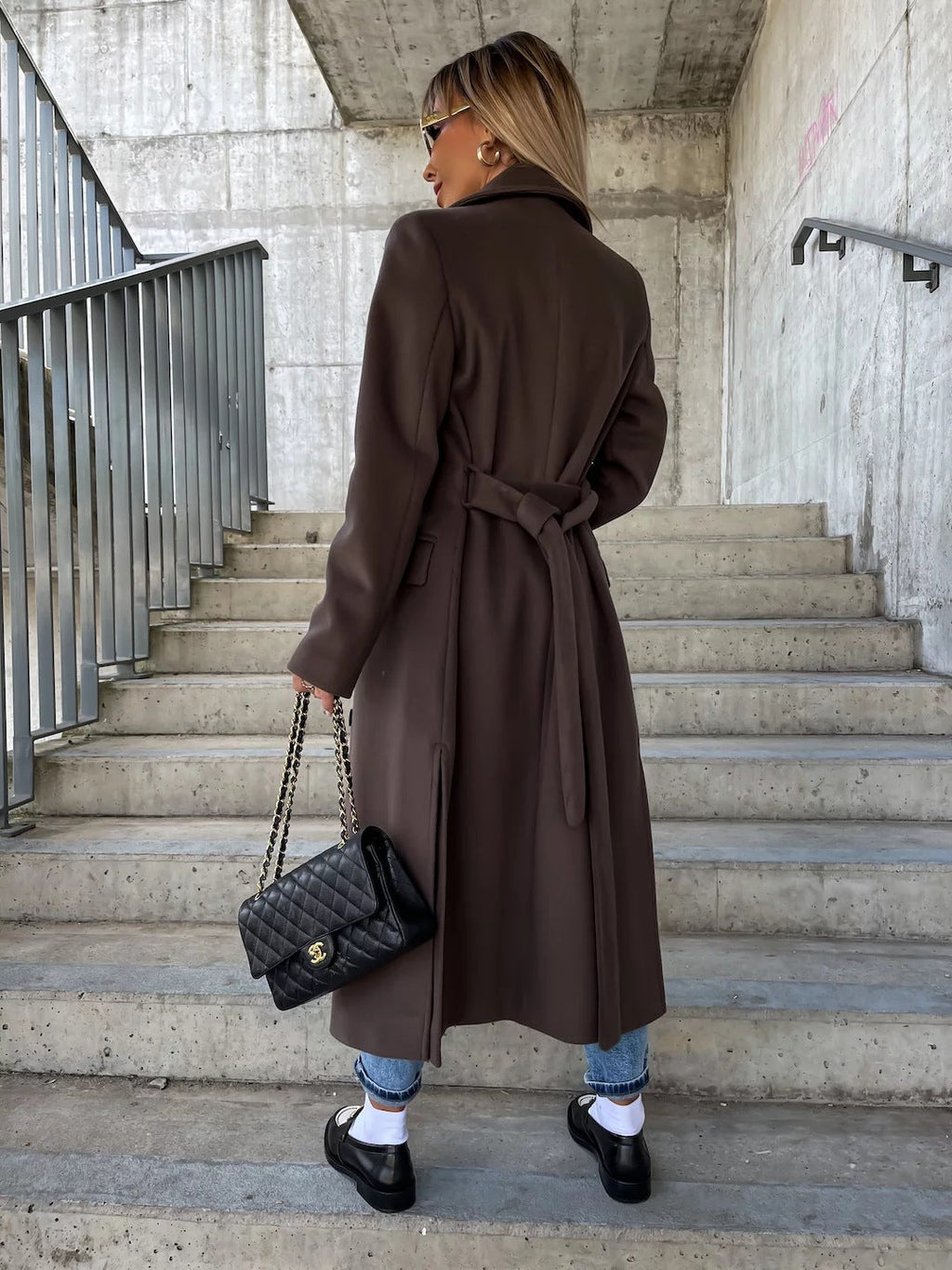 Double-Breasted Lapel Split Jacket with Belt