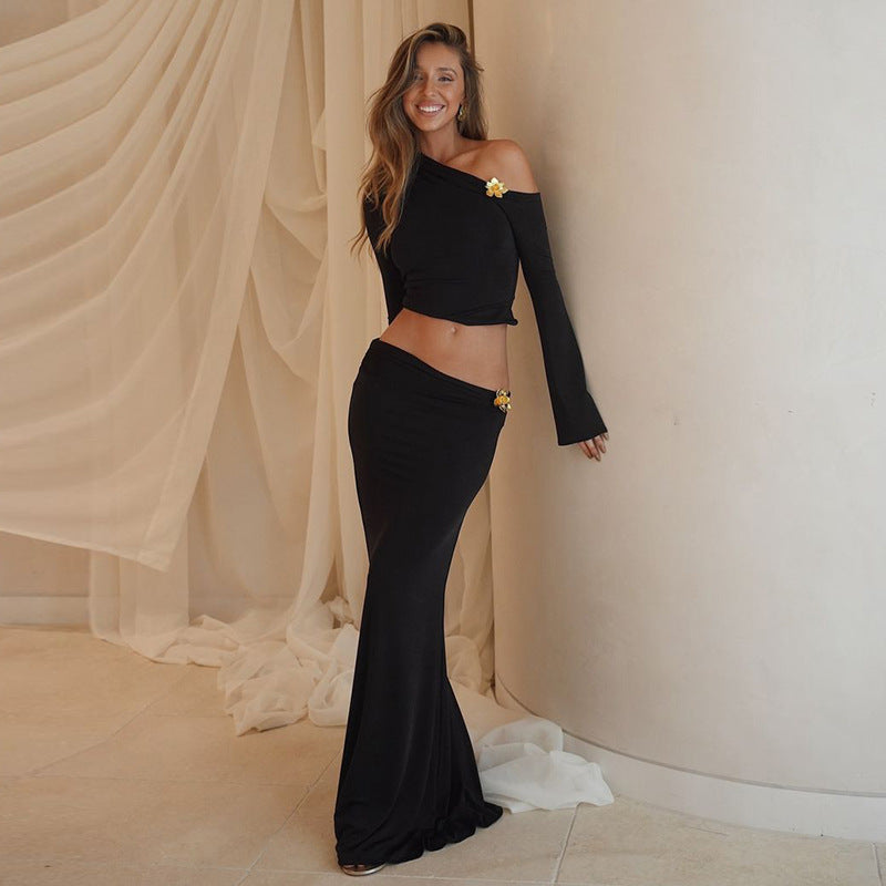 Slim Oblique Shoulder Skirt Suit